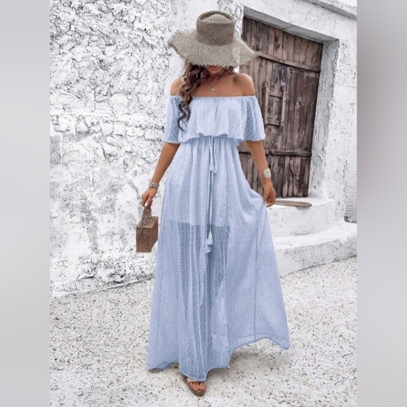 Women's Off Shoulder Swiss Polka Dot High Slit Dress Maxi Vacation Beach Outfit - Picture 5 of 5